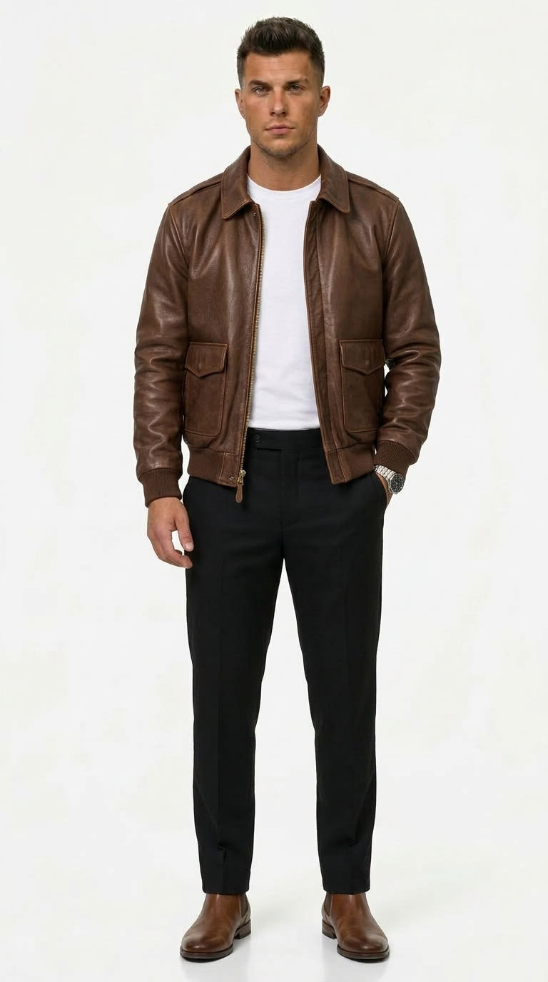 Brown Leather Jacket for Men with Classic Design and Pockets - 1 - Stylewhipped