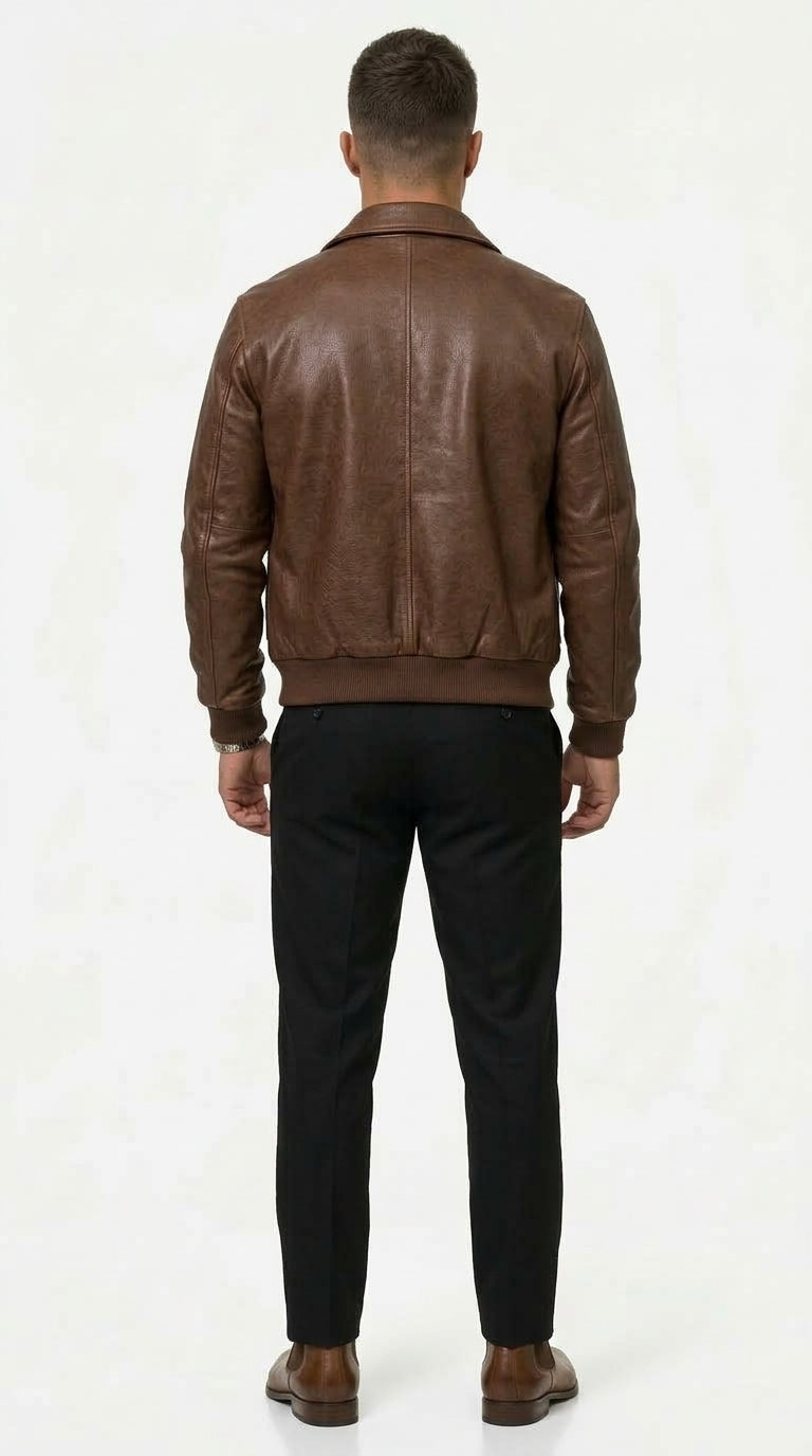 Brown Leather Jacket for Men with Classic Design and Pockets - 2 - Stylewhipped