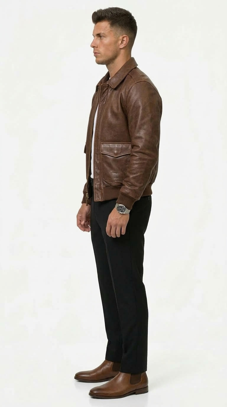 Brown Leather Jacket for Men with Classic Design and Pockets - 3 - Stylewhipped