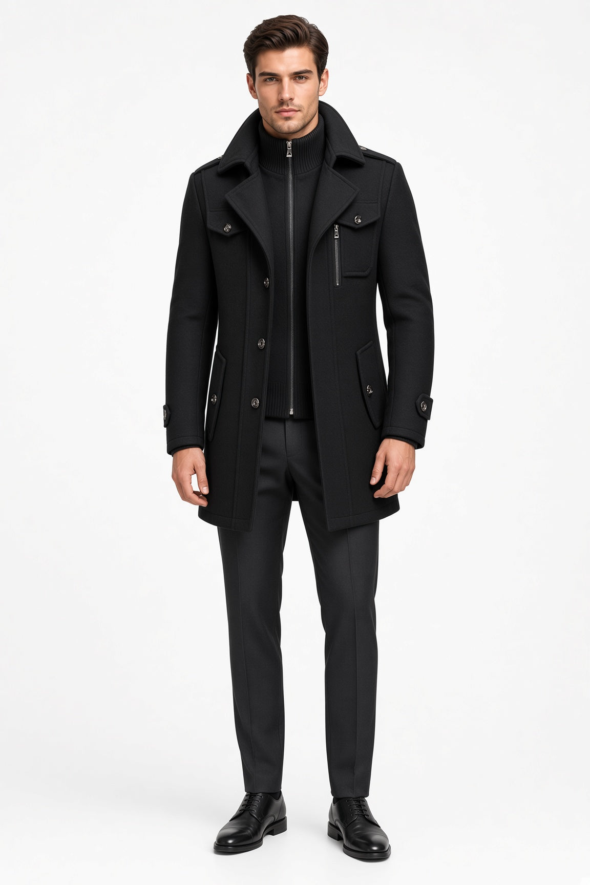 Men's Stylish Winter Coat with High Collar and Functional Pockets - 1 - Stylewhipped