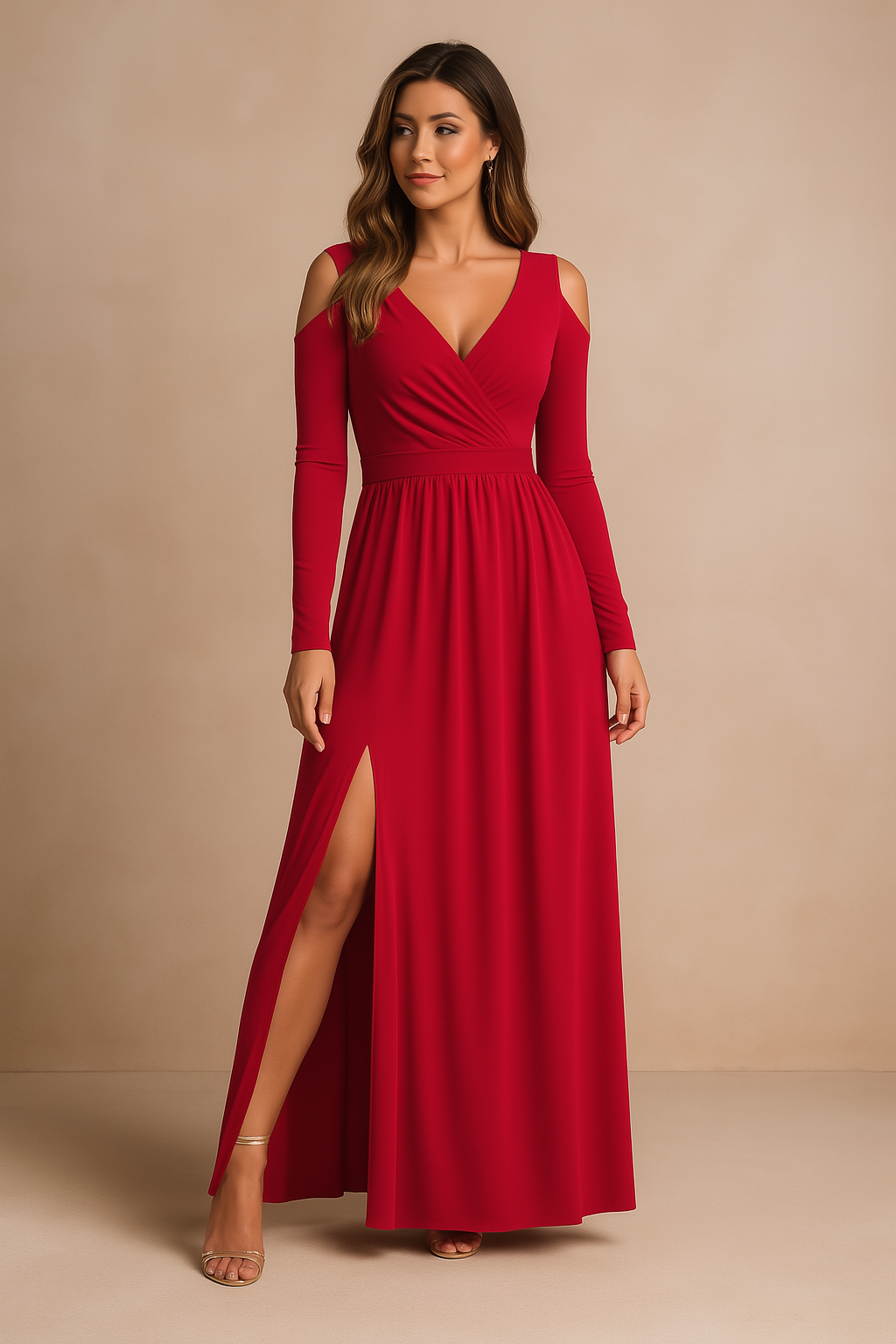 Maxi Dress for Women with V-Neck and Cold Shoulder Design - 2 - Stylewhipped
