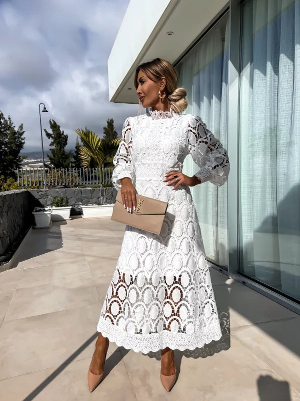 Maxi Dress Women with Elegant A-Line Silhouette and Romantic Puff Sleeves - 5 - Stylewhipped
