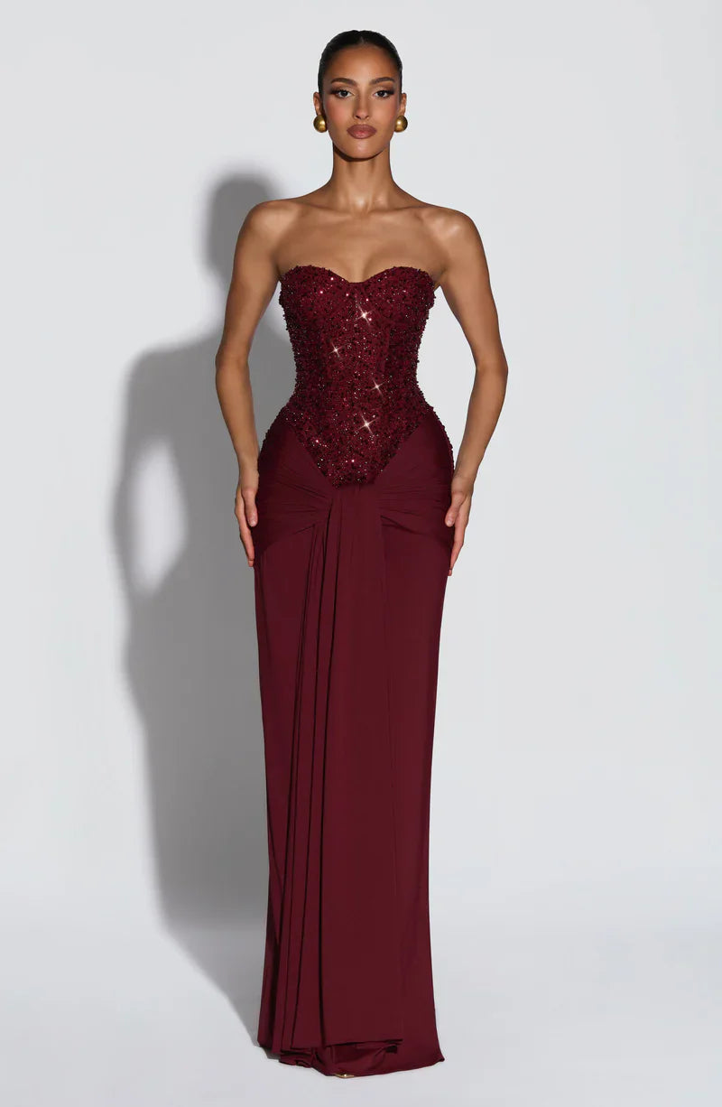 Evening Dress for Women with Strapless Bodice and Elegant Draping - 1 - Stylewhipped