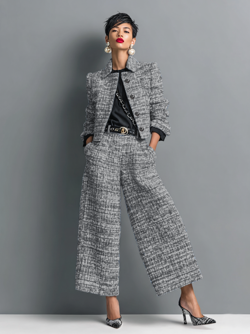 Chic Women's Outfit with Tailored Jacket and Wide Leg Trousers - 1 - Stylewhipped