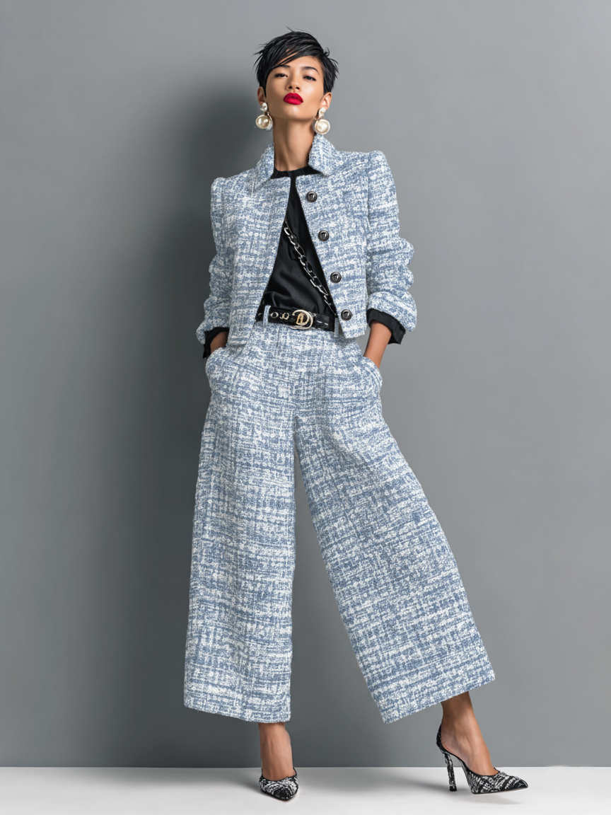 Chic Women's Outfit with Tailored Jacket and Wide Leg Trousers - 3 - Stylewhipped