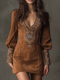 Mini Dress for Women with V-Neck and Puff Sleeves Featuring Floral Embroidery - 1 - Stylewhipped