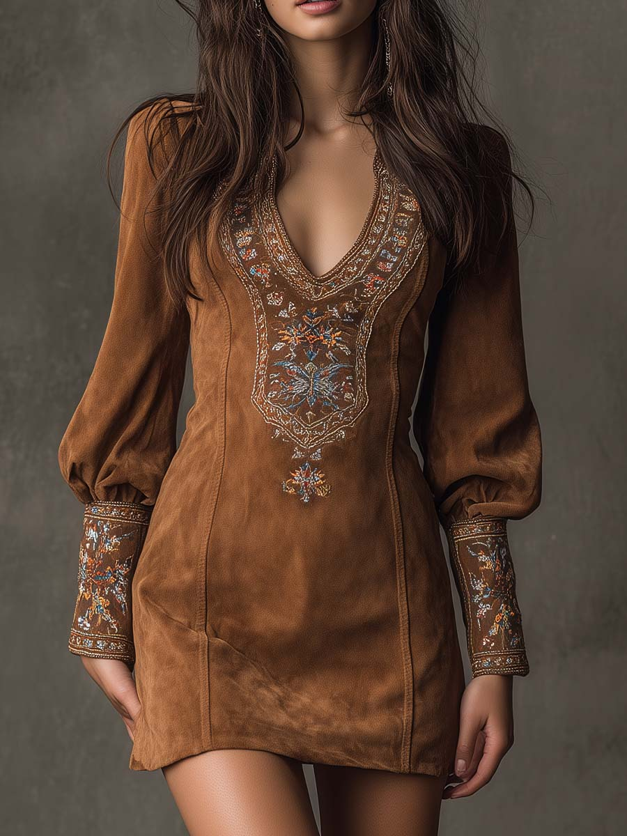 Mini Dress for Women with V-Neck and Puff Sleeves Featuring Floral Embroidery - 1 - Stylewhipped