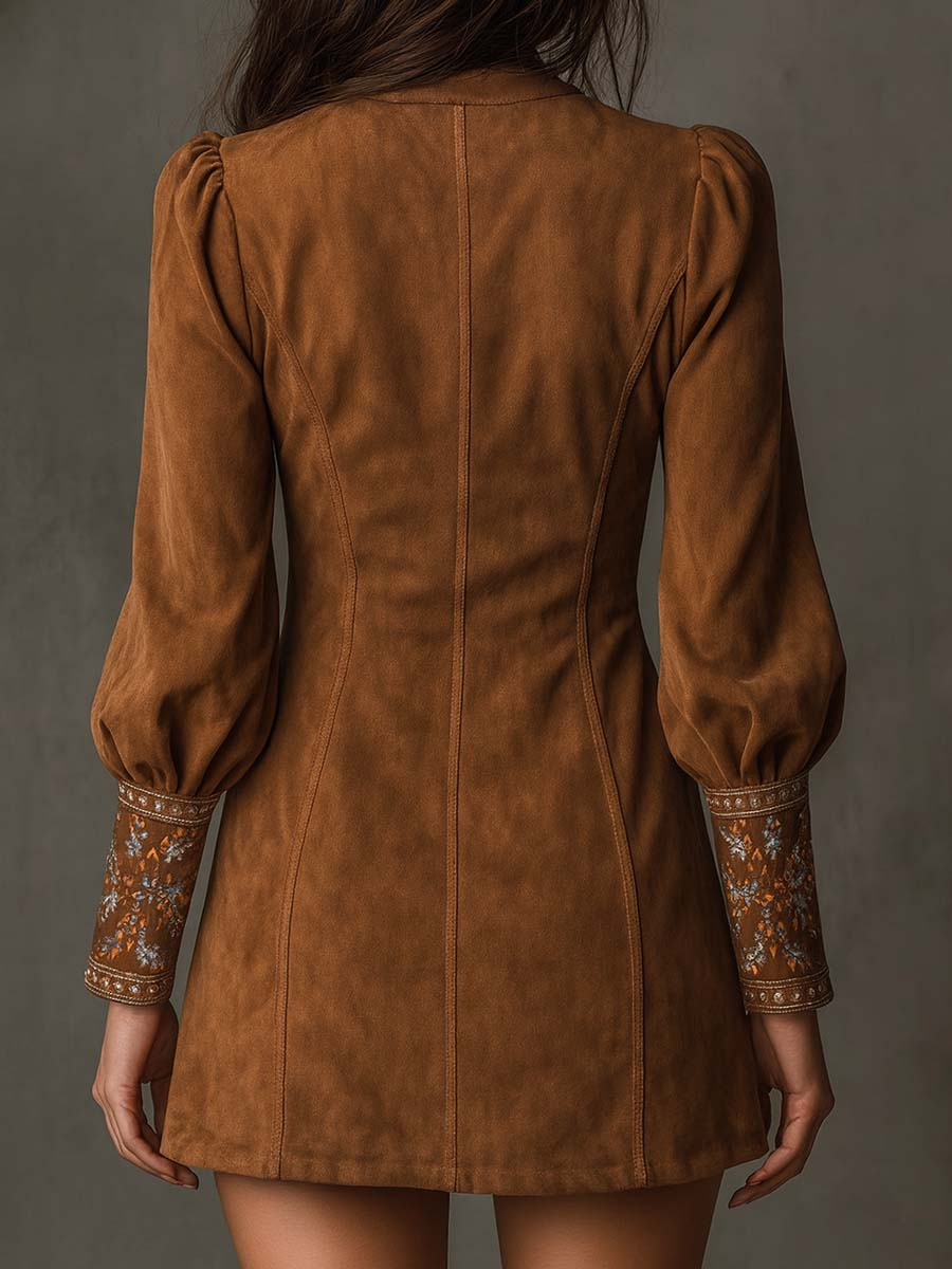 Mini Dress for Women with V-Neck and Puff Sleeves Featuring Floral Embroidery - 2 - Stylewhipped