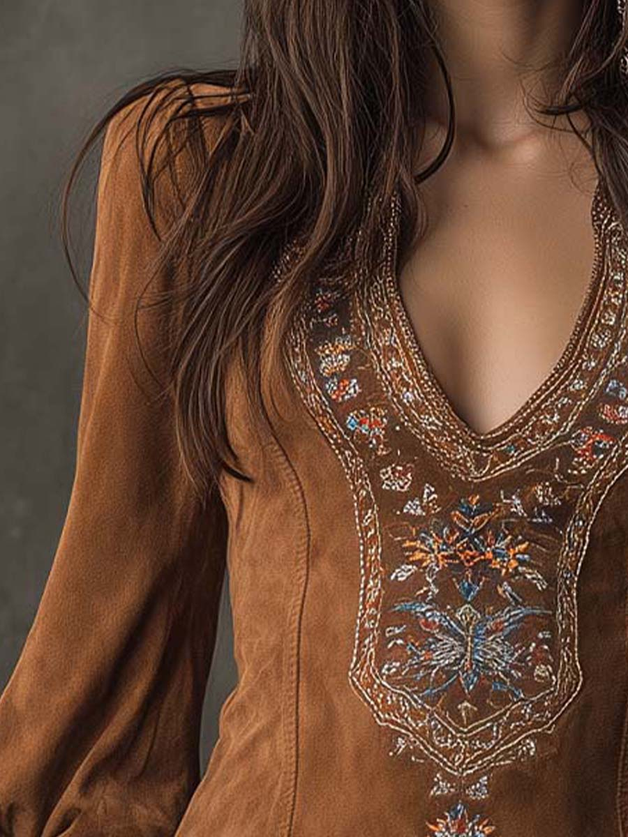 Mini Dress for Women with V-Neck and Puff Sleeves Featuring Floral Embroidery - 3 - Stylewhipped