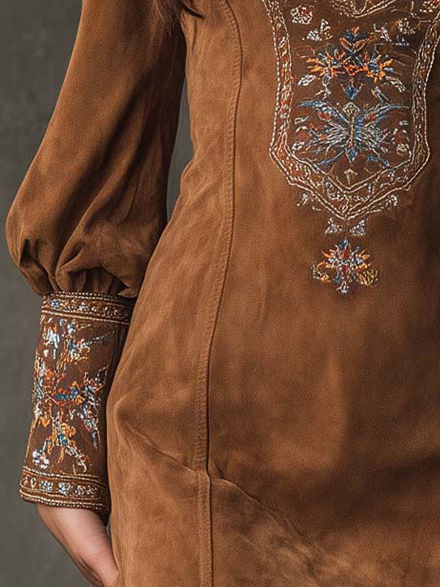 Mini Dress for Women with V-Neck and Puff Sleeves Featuring Floral Embroidery - 5 - Stylewhipped