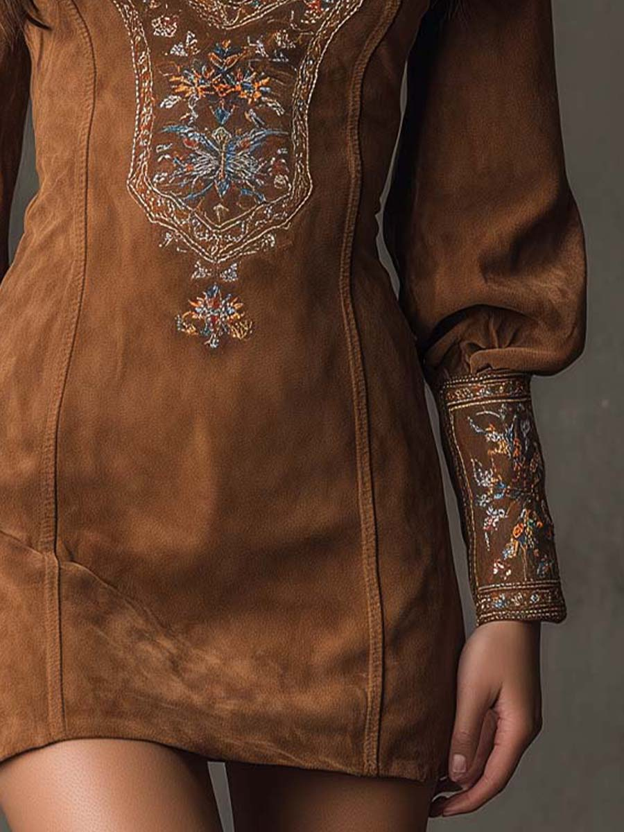 Mini Dress for Women with V-Neck and Puff Sleeves Featuring Floral Embroidery - 6 - Stylewhipped
