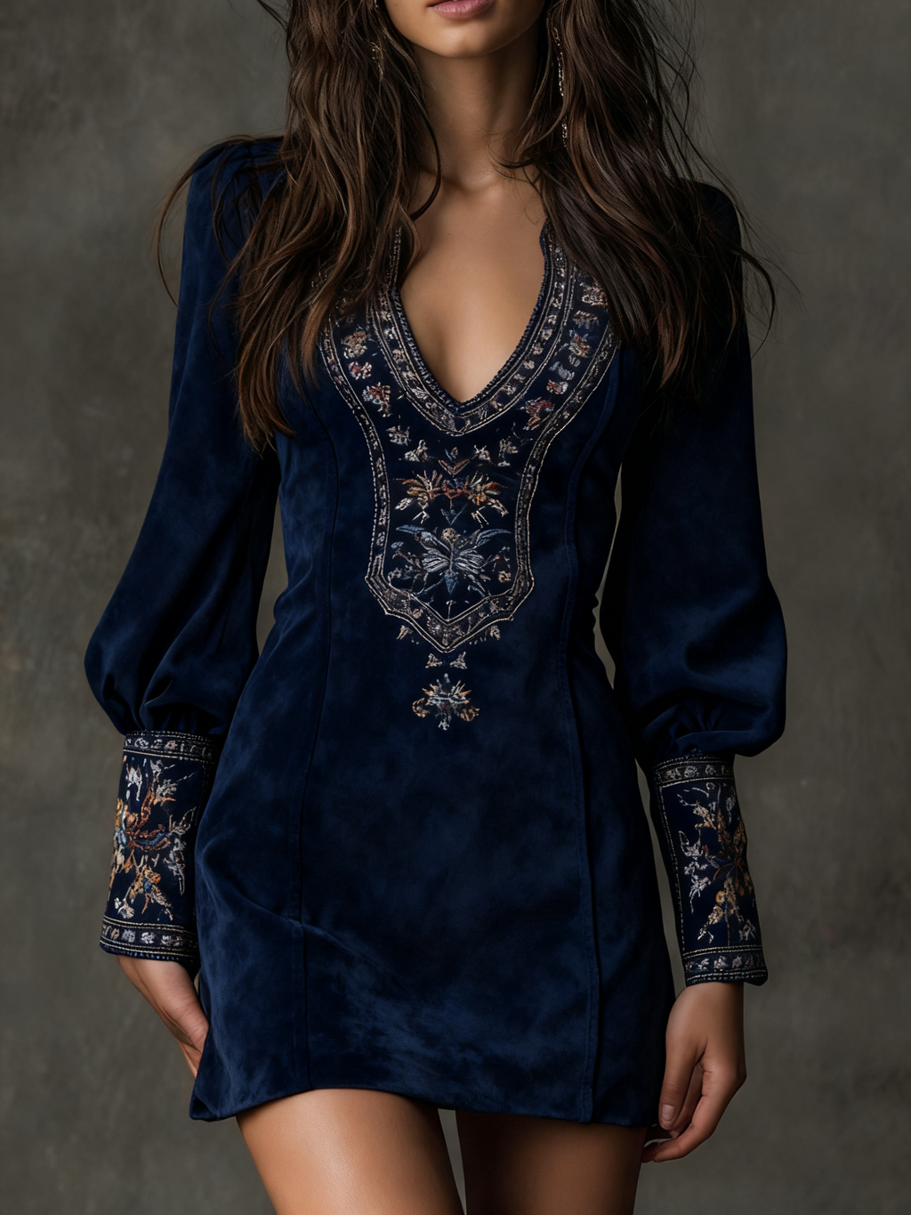 Mini Dress for Women with V-Neck and Puff Sleeves Featuring Floral Embroidery - 7 - Stylewhipped