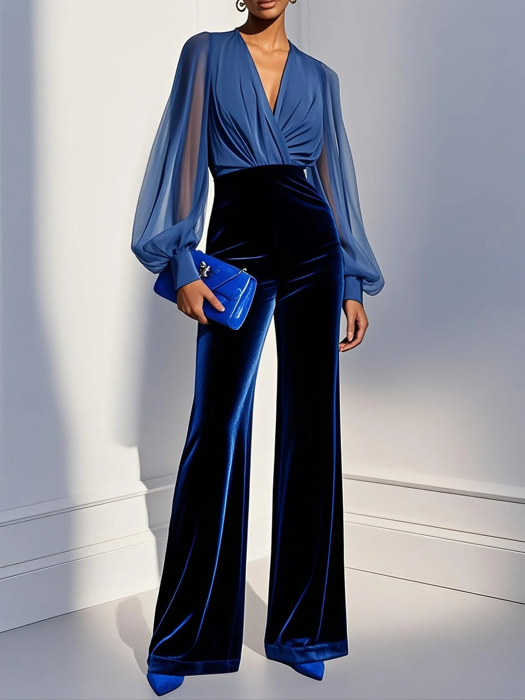 Chic Women's Jumpsuit with Plunging Neckline and Balloon Sleeves - 1 - Stylewhipped