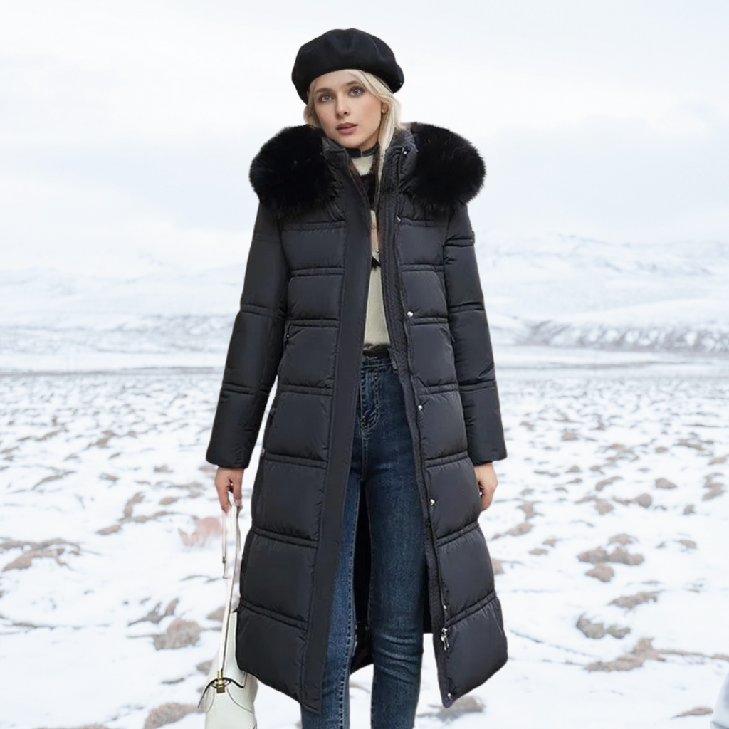 Long Women's Puffer Coat with Faux Fur Hood and Zip Closure - 1 - Stylewhipped