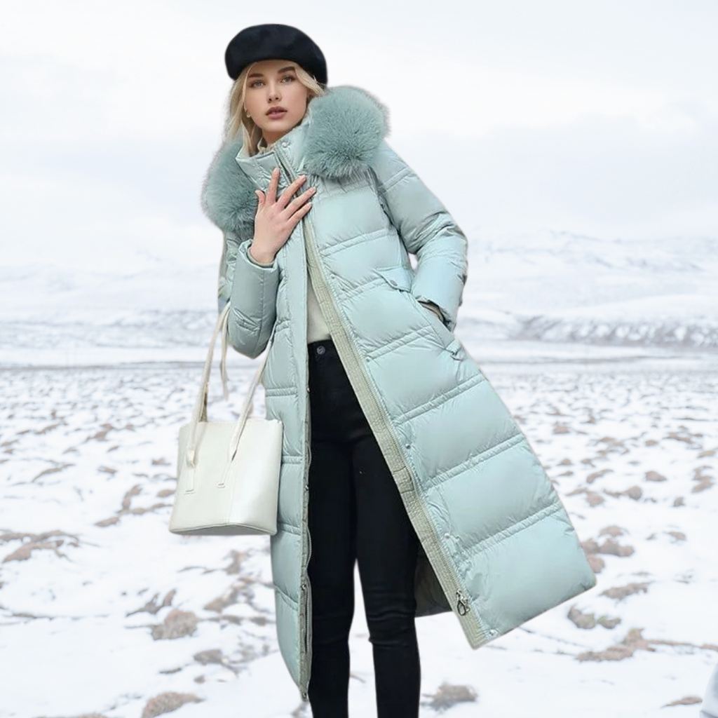 Long Women's Puffer Coat with Faux Fur Hood and Zip Closure - 2 - Stylewhipped