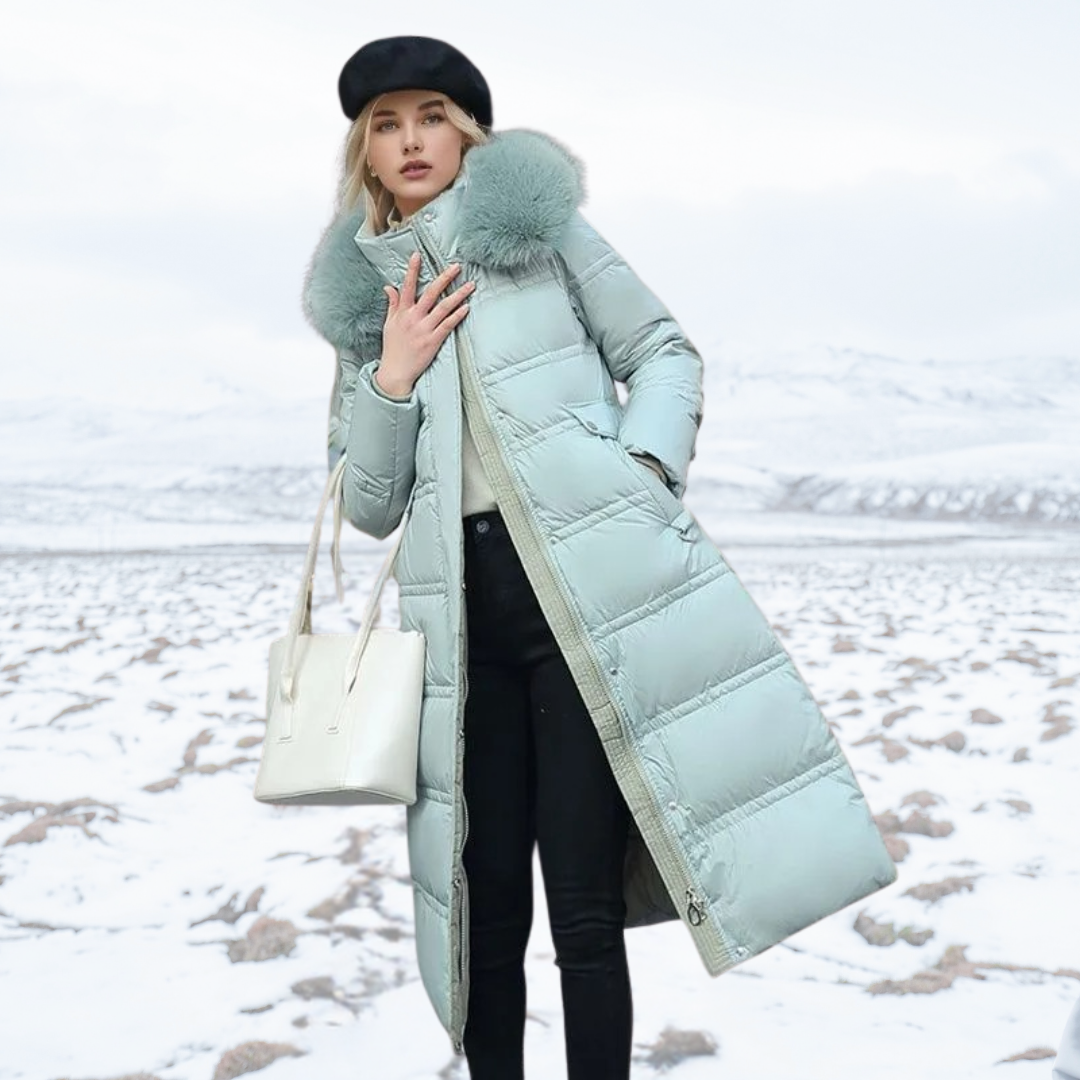 Long Women's Puffer Coat with Faux Fur Hood and Zip Closure - 2 - Stylewhipped