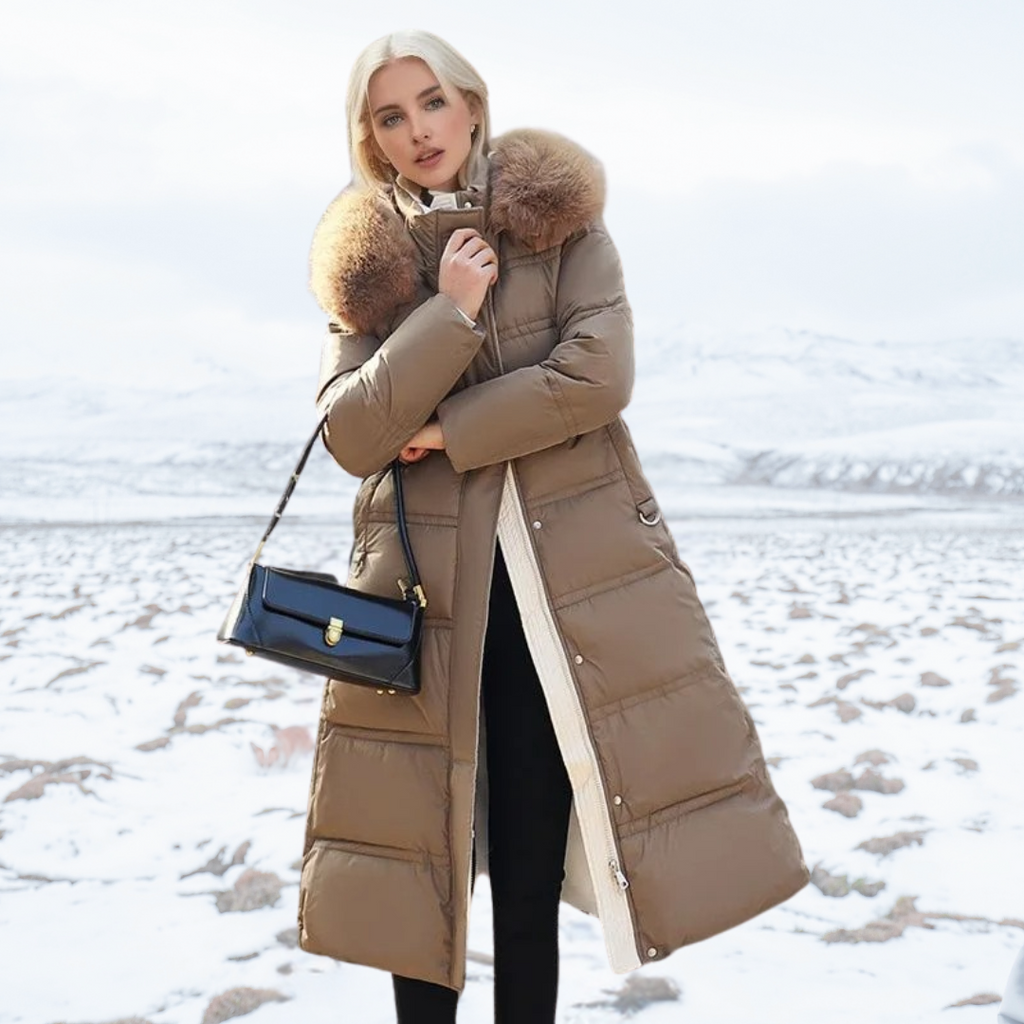 Long Women's Puffer Coat with Faux Fur Hood and Zip Closure - 3 - Stylewhipped