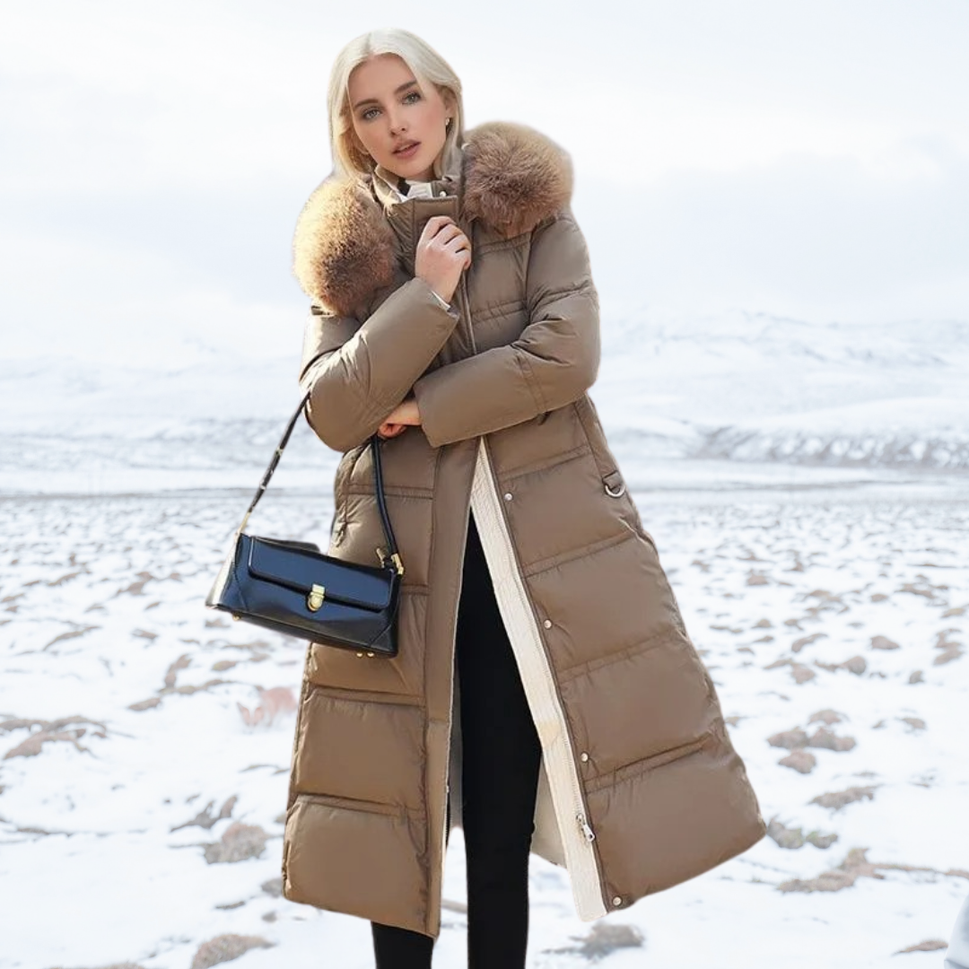 Long Women's Puffer Coat with Faux Fur Hood and Zip Closure - 3 - Stylewhipped