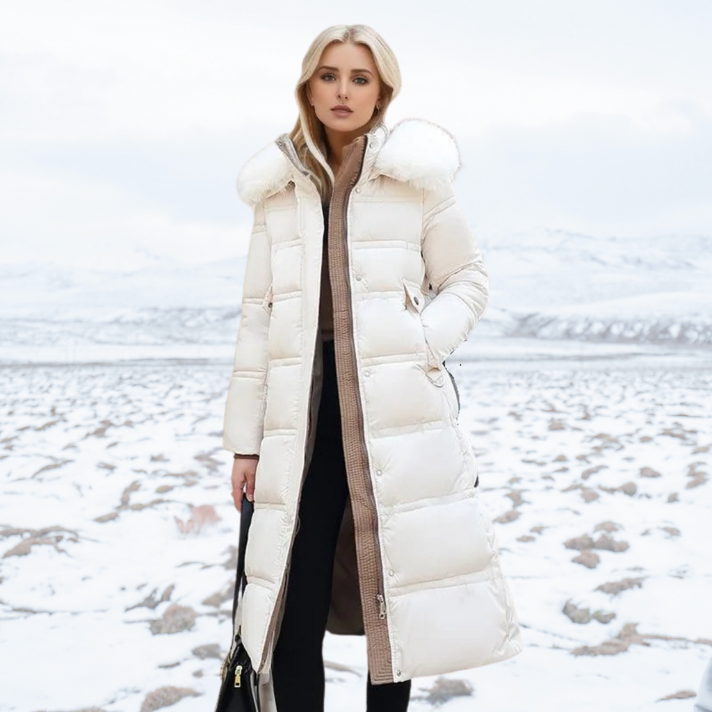 Long Women's Puffer Coat with Faux Fur Hood and Zip Closure - 4 - Stylewhipped