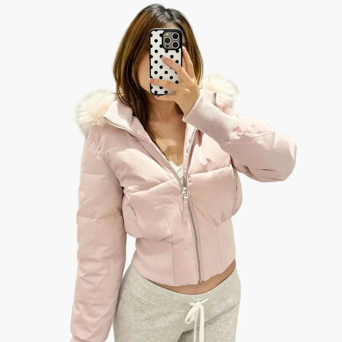 Cropped Women's Jacket with Hood and Faux Fur Trim - 1 - Stylewhipped