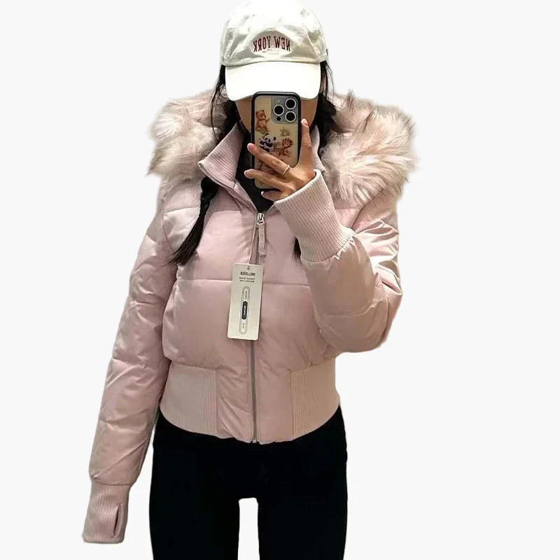 Cropped Women's Jacket with Hood and Faux Fur Trim - 3 - Stylewhipped
