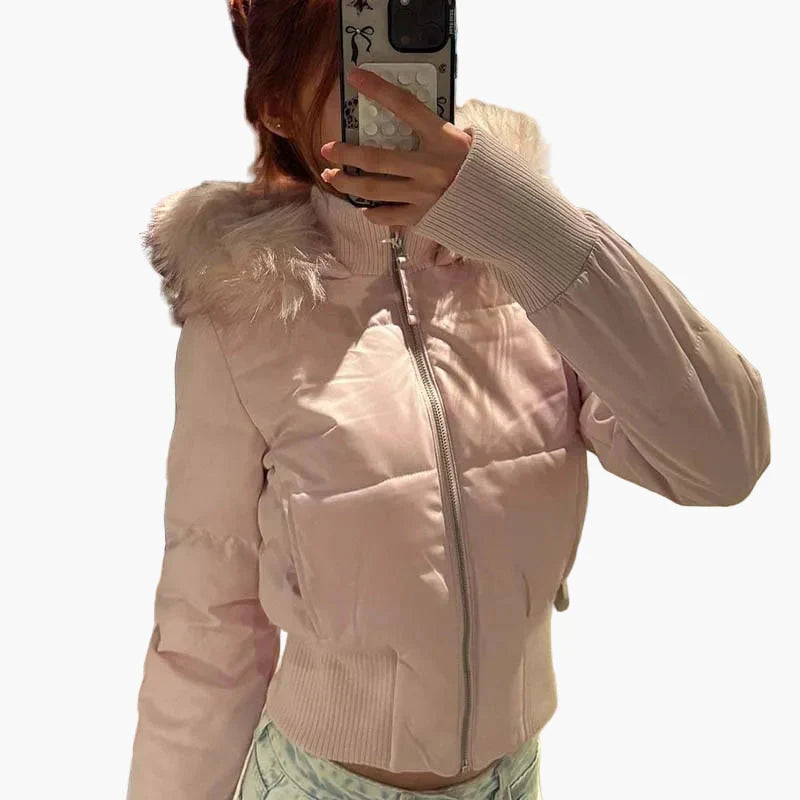 Cropped Women's Jacket with Hood and Faux Fur Trim - 4 - Stylewhipped