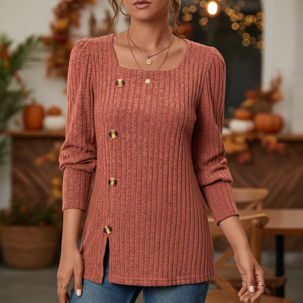 Ribbed Women's Sweater with Square Neckline and Button Detail - 1 - Stylewhipped