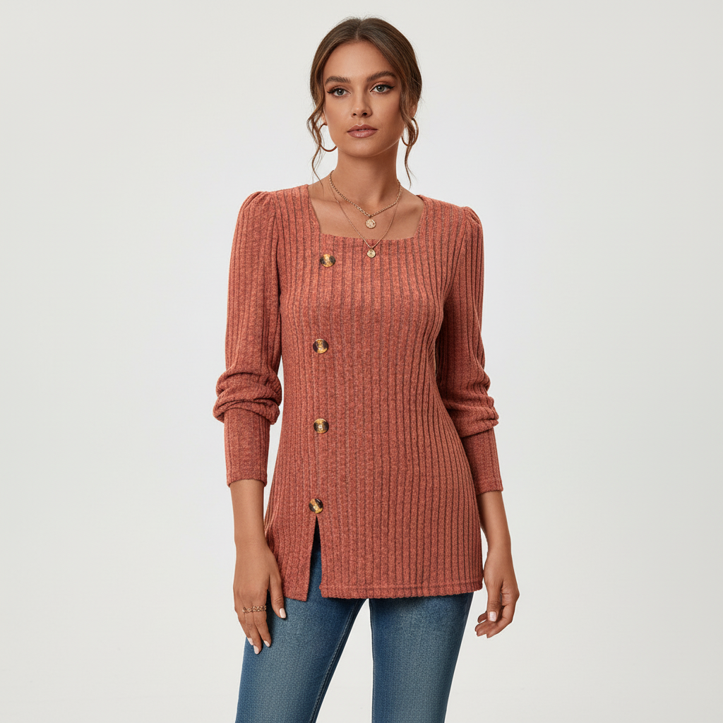 Ribbed Women's Sweater with Square Neckline and Button Detail - 2 - Stylewhipped
