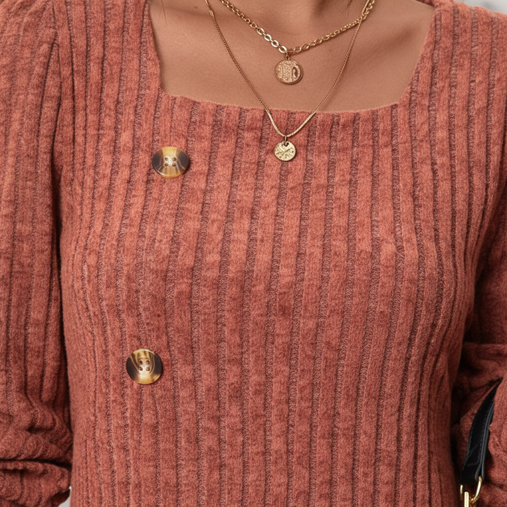 Ribbed Women's Sweater with Square Neckline and Button Detail - 3 - Stylewhipped