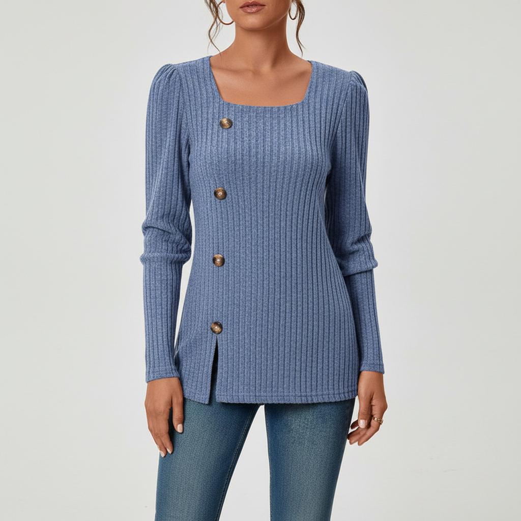 Ribbed Women's Sweater with Square Neckline and Button Detail - 5 - Stylewhipped