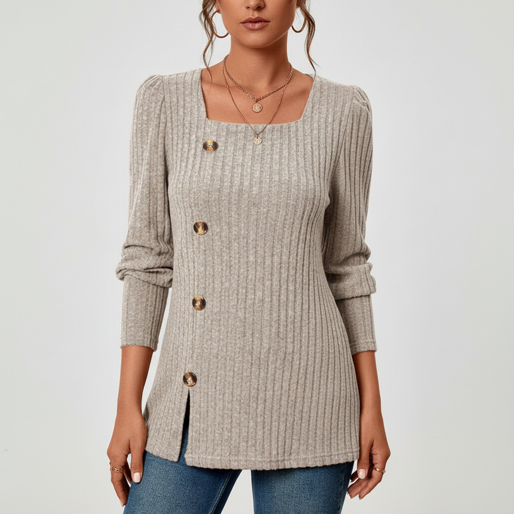 Ribbed Women's Sweater with Square Neckline and Button Detail - 6 - Stylewhipped