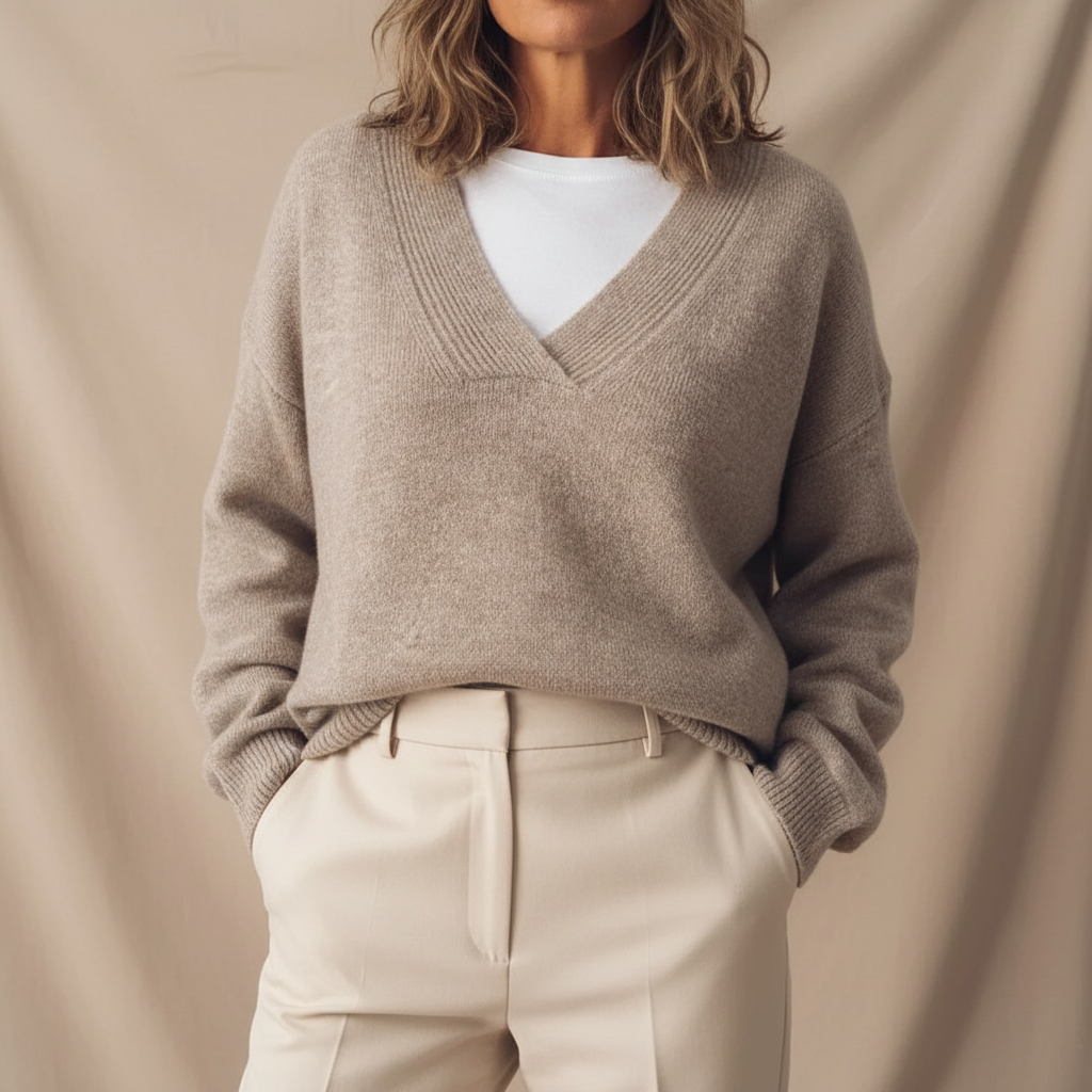 Casual Women's Pullover in Loose Fit with V-Neck - 1 - Stylewhipped