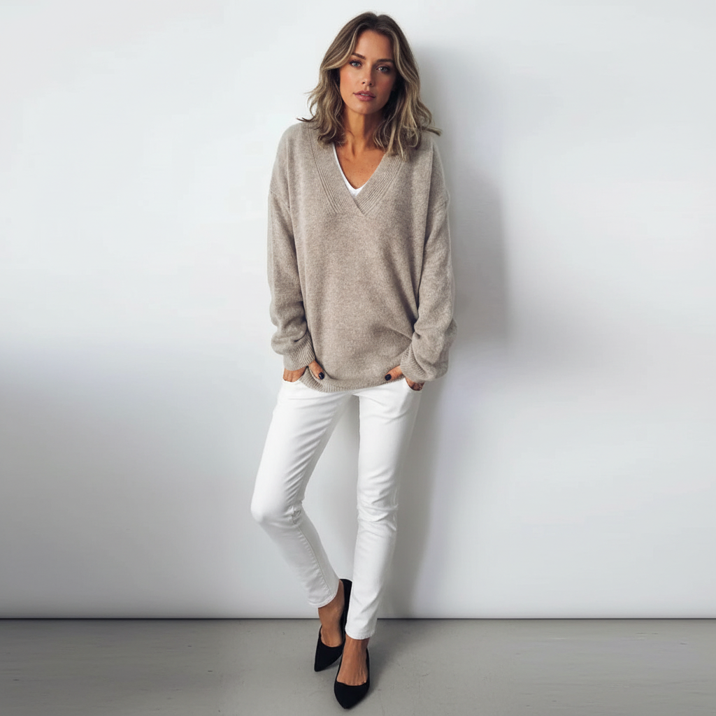 Casual Women's Pullover in Loose Fit with V-Neck - 2 - Stylewhipped
