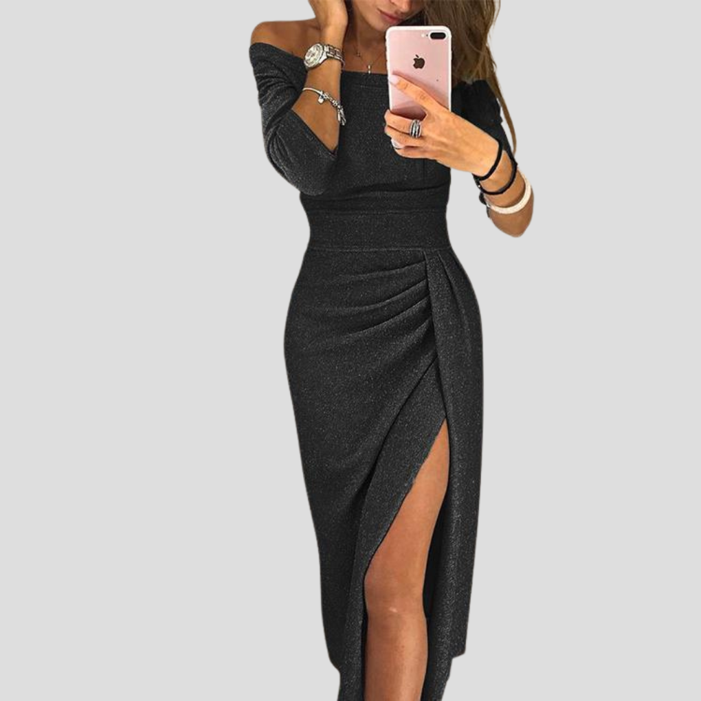 Off-Shoulder Women's Midi Dress with Side Slit - 1 - Stylewhipped