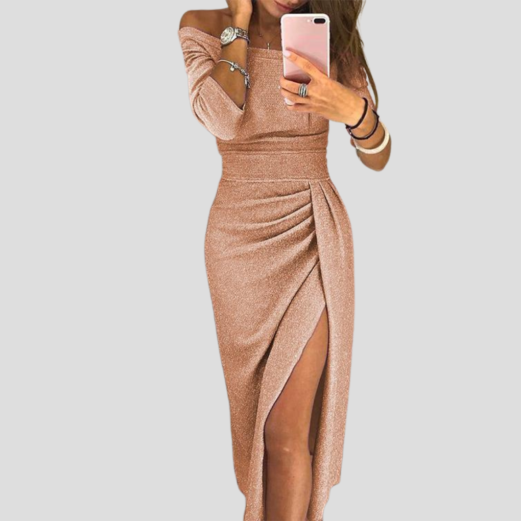 Off-Shoulder Women's Midi Dress with Side Slit - 2 - Stylewhipped