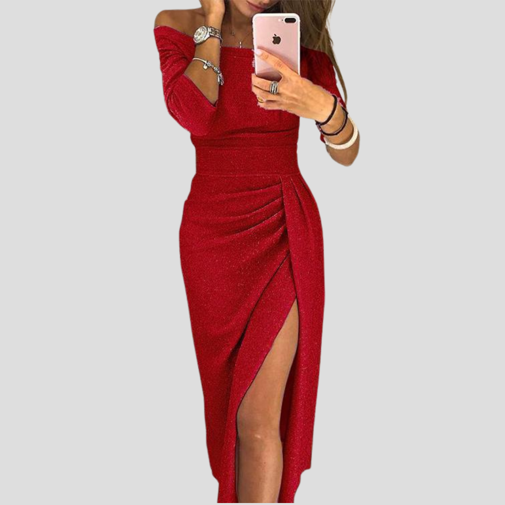 Off-Shoulder Women's Midi Dress with Side Slit - 3 - Stylewhipped