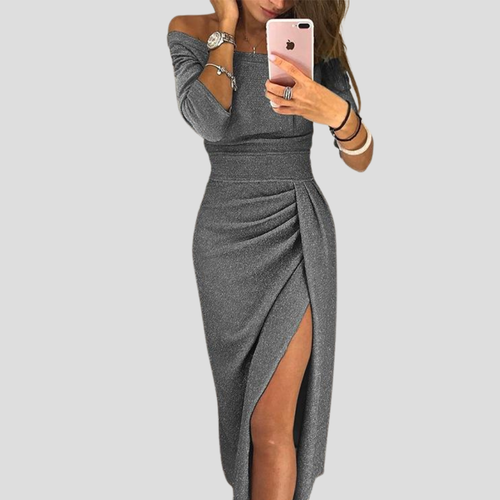 Off-Shoulder Women's Midi Dress with Side Slit - 4 - Stylewhipped