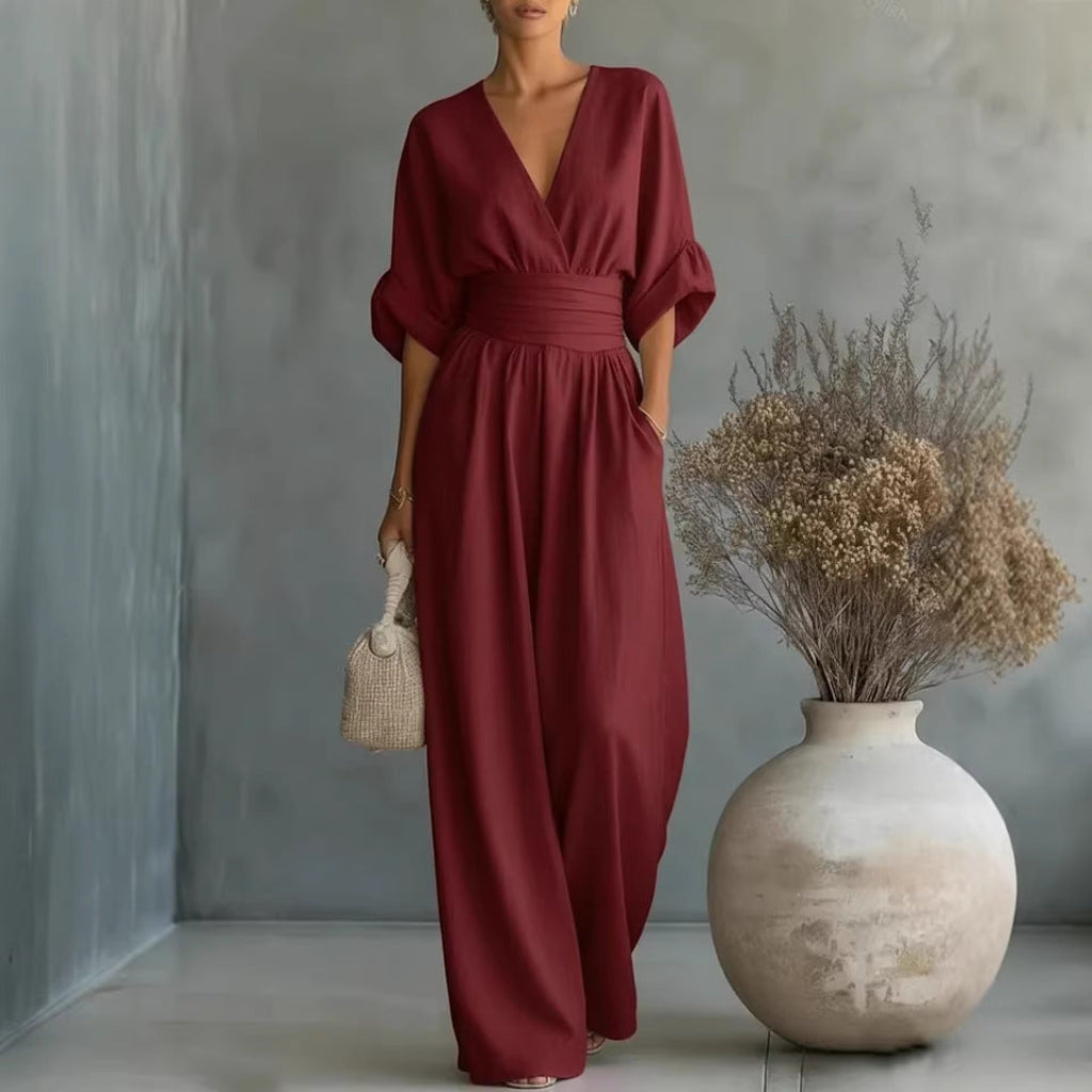 Maxi Dress Women's V-Neckline with Tie Waist and Flowy Silhouette - 1 - Stylewhipped