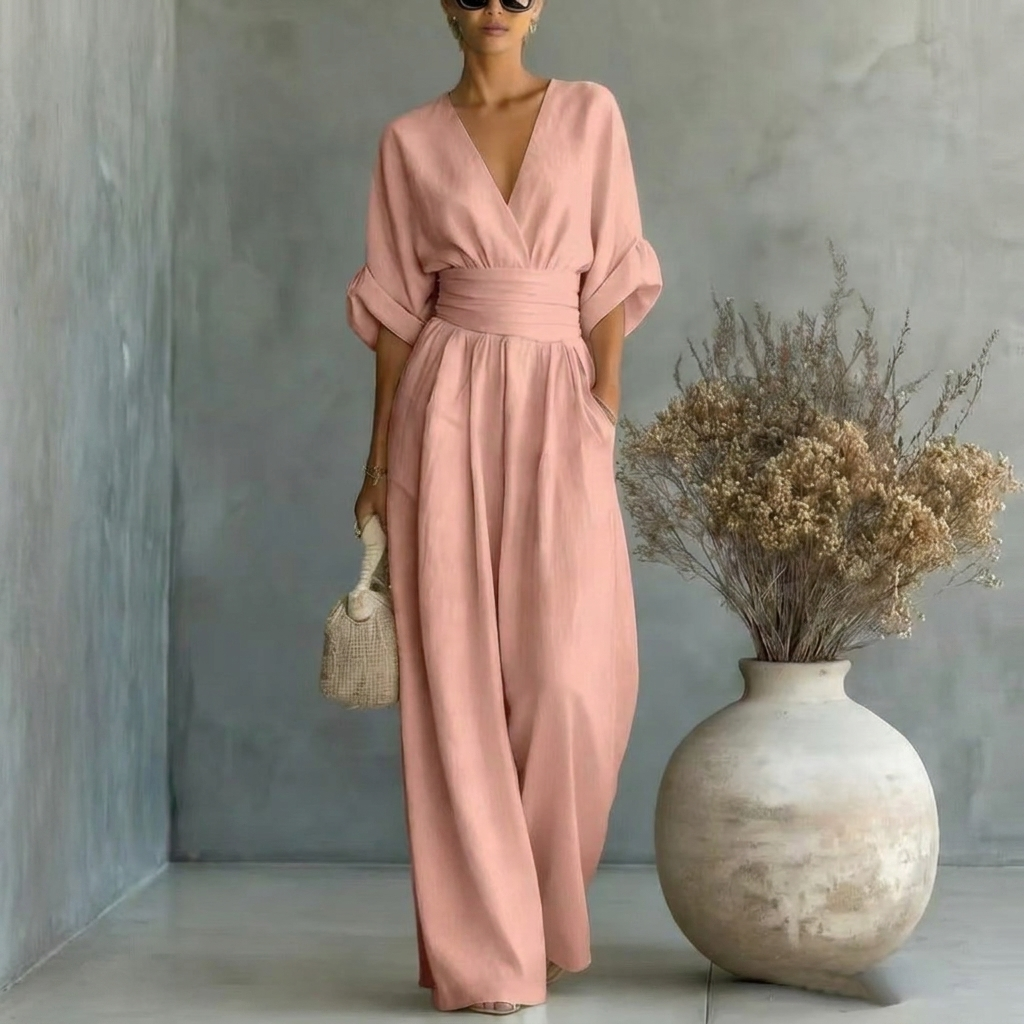 Maxi Dress Women's V-Neckline with Tie Waist and Flowy Silhouette - 10 - Stylewhipped