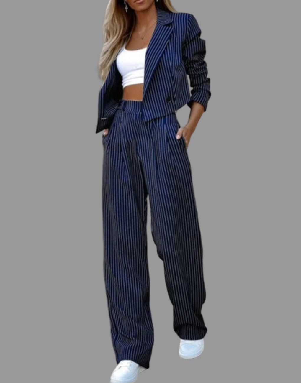 Tailored Women's Outfit – Striped Blazer and Wide-Leg Trousers - 1 - Stylewhipped
