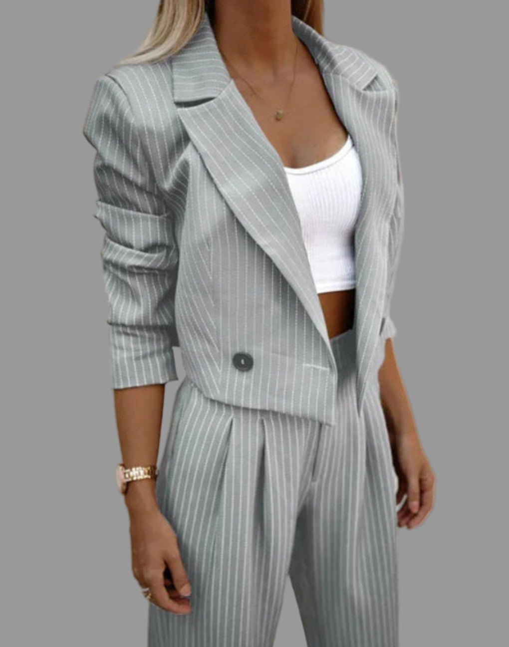 Tailored Women's Outfit – Striped Blazer and Wide-Leg Trousers - 2 - Stylewhipped