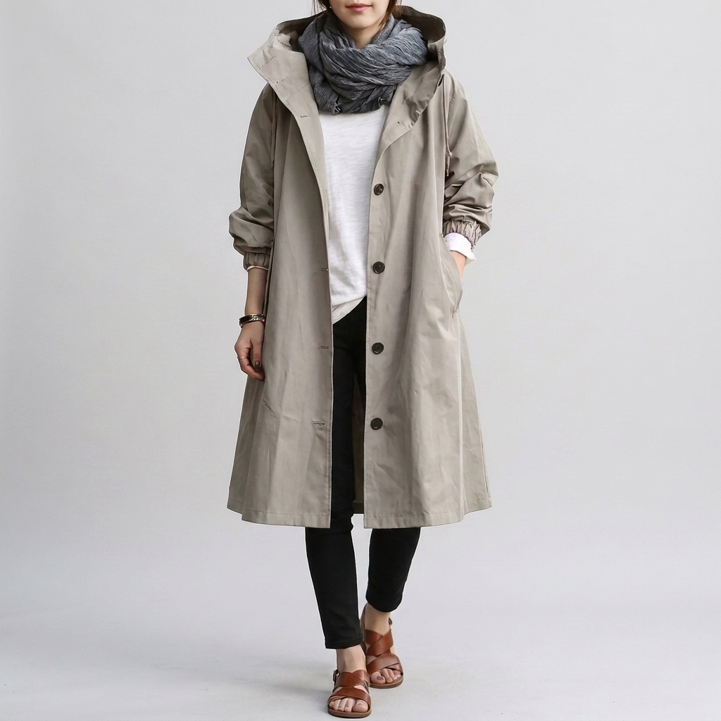 Long Women's Hooded Jacket with Button Front and Pockets - 2 - Stylewhipped