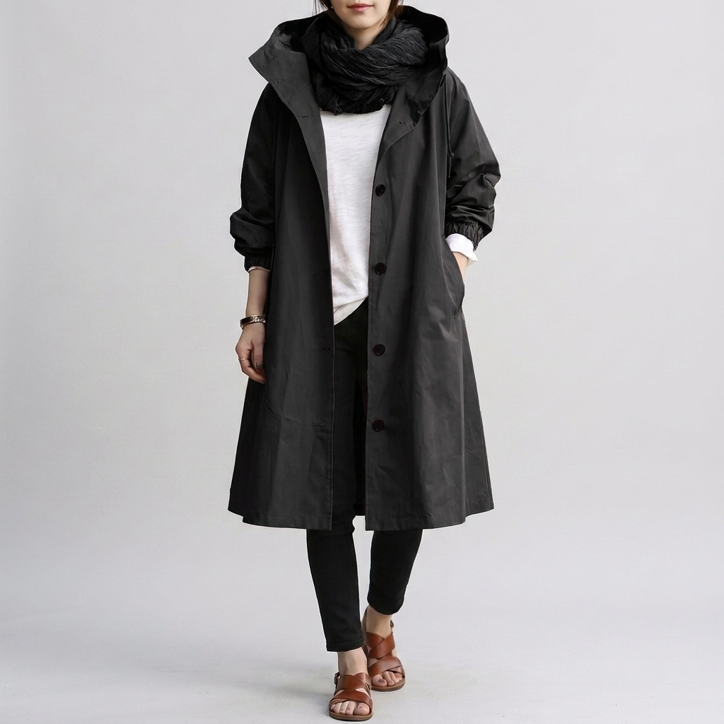 Long Women's Hooded Jacket with Button Front and Pockets - 4 - Stylewhipped