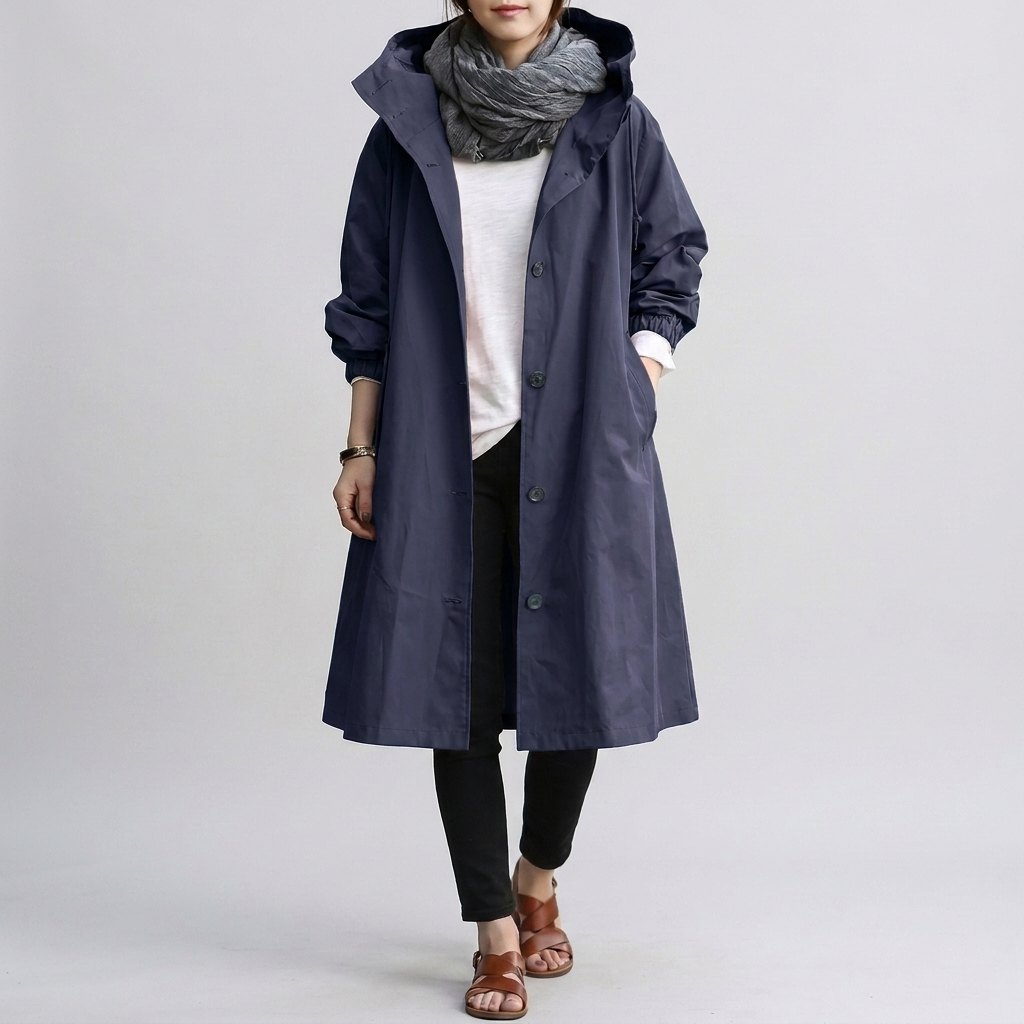 Long Women's Hooded Jacket with Button Front and Pockets - 5 - Stylewhipped