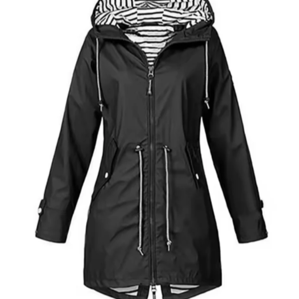 Hooded Women's Jacket with Drawstring Waist and Striped Lining - 1 - Stylewhipped