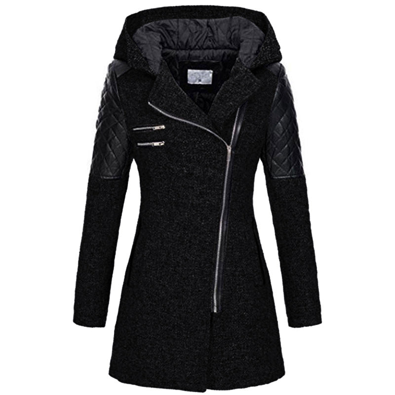 Coat Women's Asymmetrical Zip with Hood and Quilted Sleeves - 1 - Stylewhipped