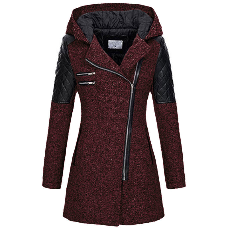 Coat Women's Asymmetrical Zip with Hood and Quilted Sleeves - 2 - Stylewhipped