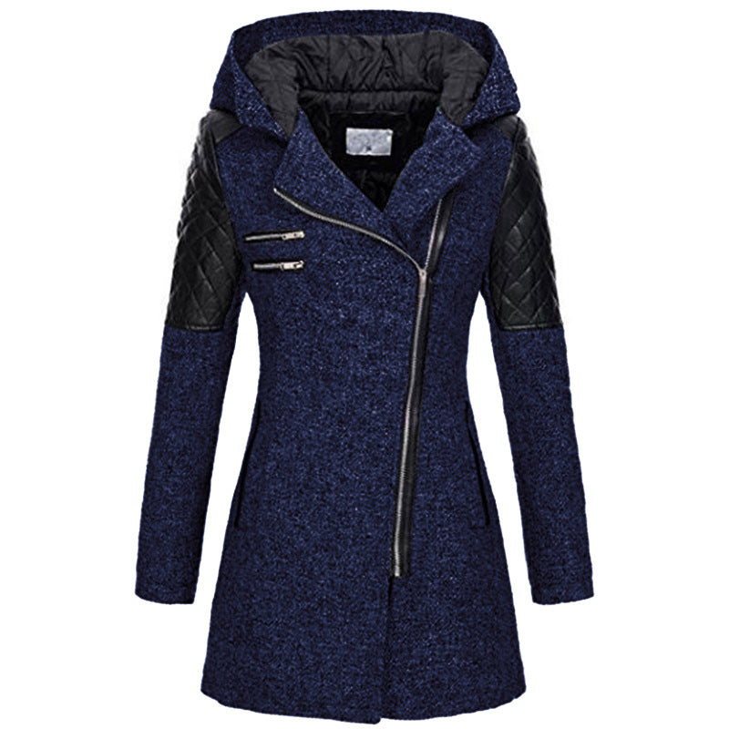 Coat Women's Asymmetrical Zip with Hood and Quilted Sleeves - 3 - Stylewhipped