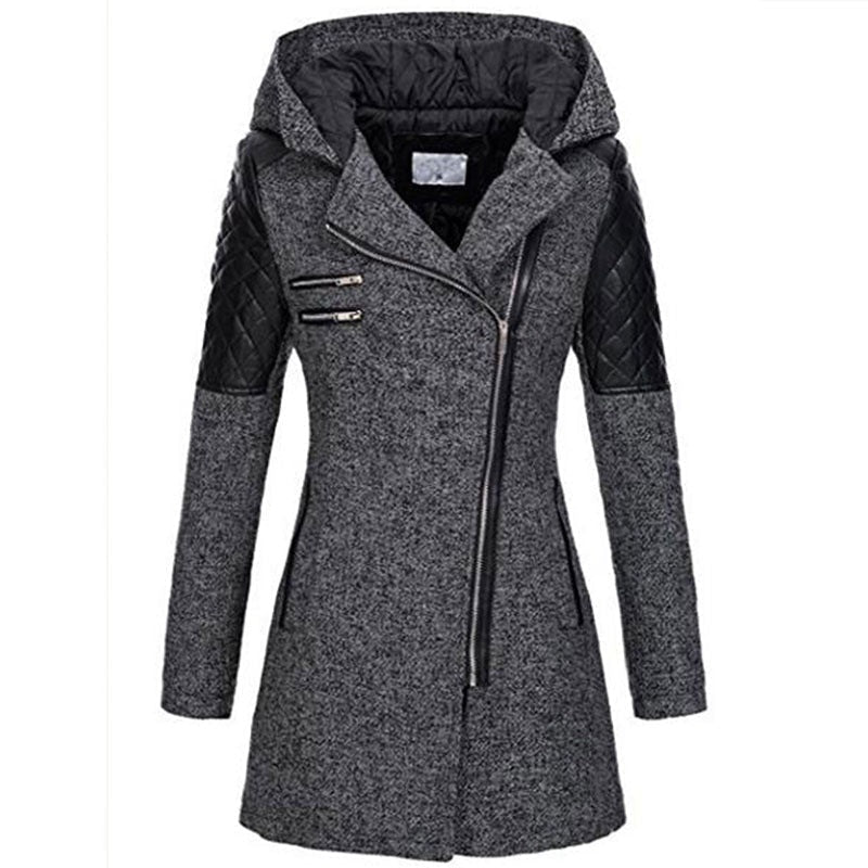 Coat Women's Asymmetrical Zip with Hood and Quilted Sleeves - 4 - Stylewhipped
