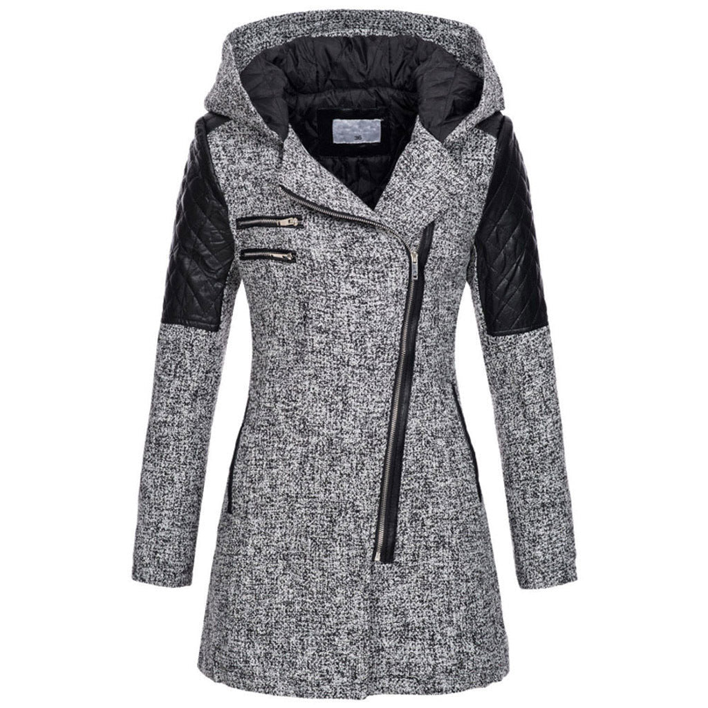 Coat Women's Asymmetrical Zip with Hood and Quilted Sleeves - 5 - Stylewhipped